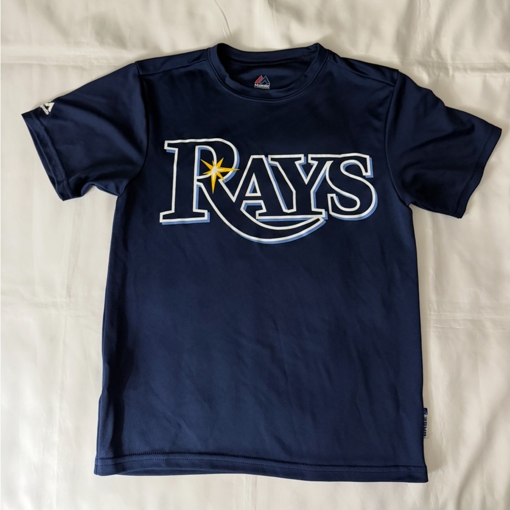 Majestic MLB Tampa Bay Rays Kids Short Sleeve Navy Blue Shirt w/ #8 on Back